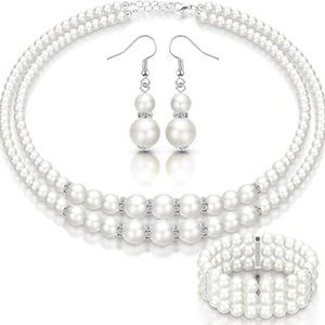 Women Wedding Pearl Necklace  Earrings  Bracelet  Simulated Pearls Accessories